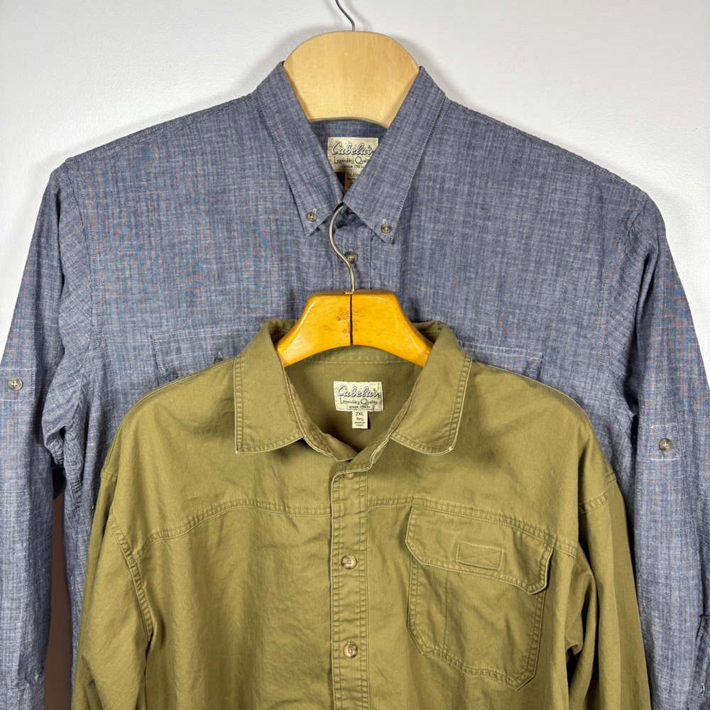 Cabelas Mens Button Down Shirt Bundle 2XL Blue Chambray Olive Green‎ Utility 2pc